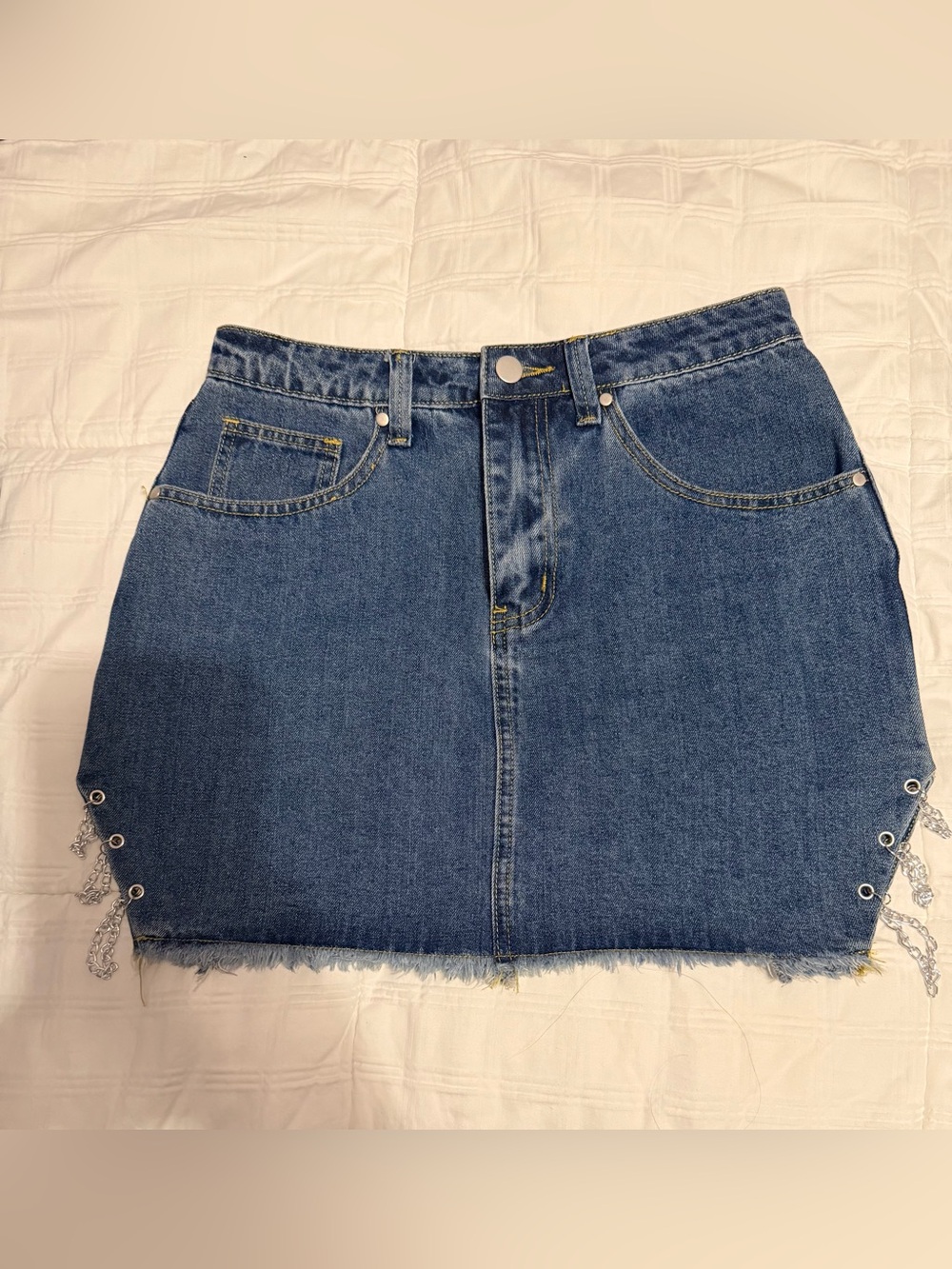 superdown Blue Jean Denim Mini Skirt with Grommet Chain Side Detail